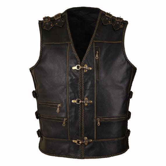 Men's Genuine Leather Motorcycle Vest, Braided Trim, Punk Biker Style