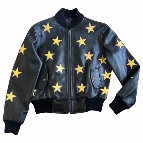 Women's Genuine Leather Bomber Jacket, Gold Star Patches, "Cowgirls Run The World" Embroidery