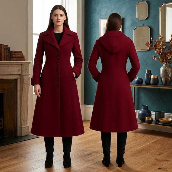 Burgundy Wool Coat Hood — Long Gothic Duster Jacket — Tailored Maxi Overcoat