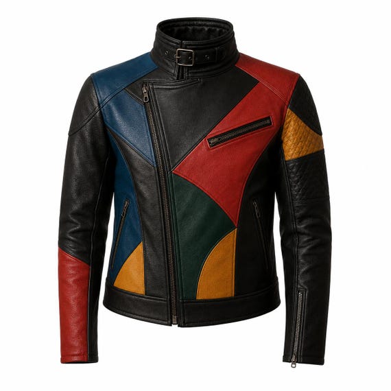Color Block Leather Moto Jacket, Embroidered Back Emblem, Multicolor Panel Biker Coat