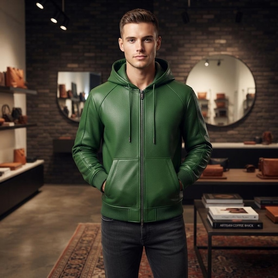 Green Leather Hoodie — Mens Pebbled Leather Jacket — Handmade Zip Up Gift — Fall Outerwear
