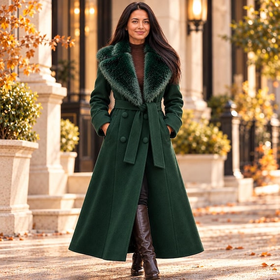 Forest Green Wool Coat Women, Faux Fur Collar Long Winter Coat, Belted Maxi Overcoat, Elegant Gothic Victorian Jacket, Gift for Her