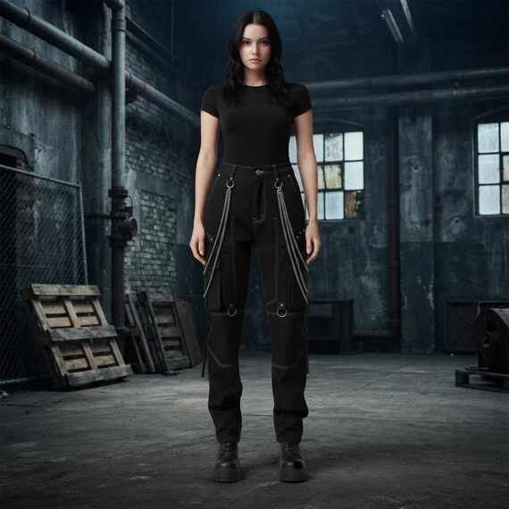 Goth Cargo Pants — Alt Chain Trousers — Cyberpunk Utility Streetwear — Black