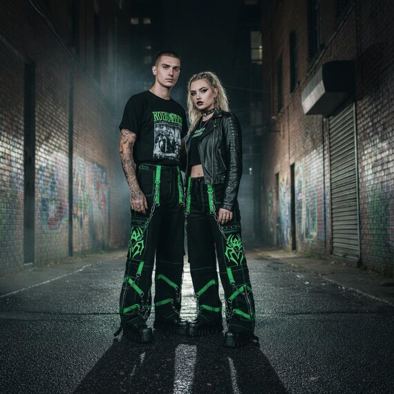 Cyber Goth Cargo Pants — Y2K Baggy Techwear Bondage Trousers — Neon Green Chains