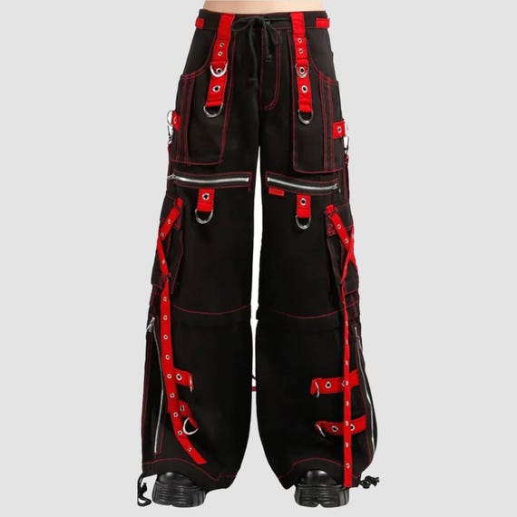 Black Cargo Pants – Red Harness Straps, Gothic Punk Style, Unisex Made-to-Order