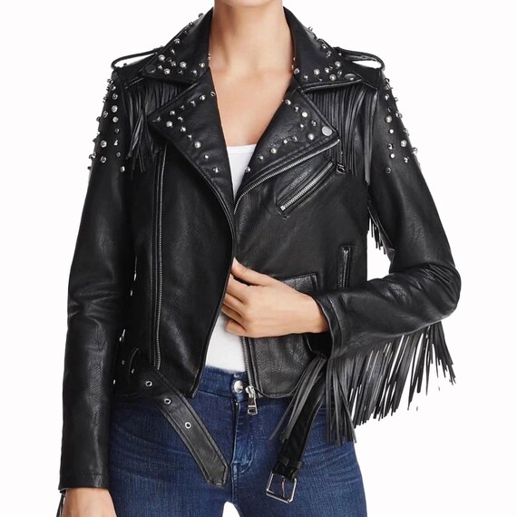 Black Vegan Leather Studded Fringe Moto Jacket, Punk Rock Biker Outerwear