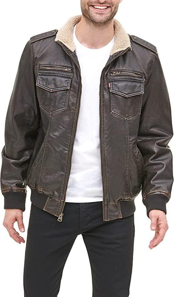 Men's Distressed Faux Leather Bomber Jacket, Sherpa Collar, Vintage Moto Winter Coat