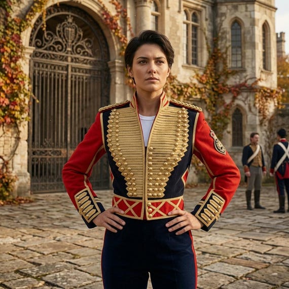 Womens Hussar Jacket — Red & Navy Victorian Military Braided Coat — Gold Braid Cosplay Outerwear