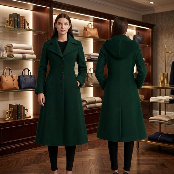 Womens Wool Coat — Emerald Green Tailored Trench — Vintage Long Winter Jacket — Corset Back Outerwear
