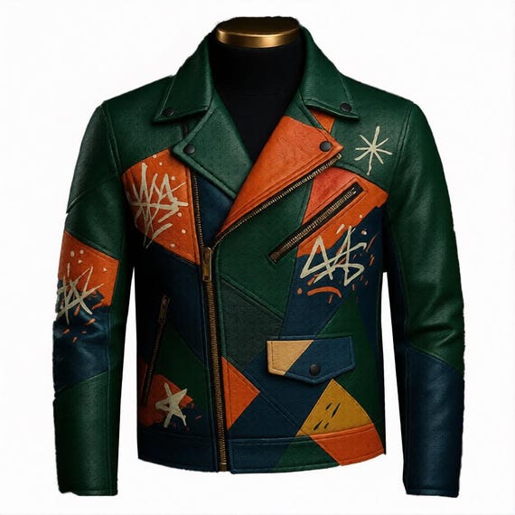 Handmade Leather Color Block Moto Jacket, Graffiti Back Design, Multicolor Biker Coat