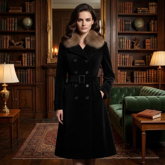 Black Winter Coat — Vintage Cotton Long Coat with Fur Collar — Elegant Belted Trench Coat for Women