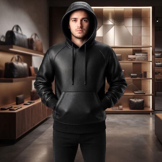 Leather Hoodie Men — Mens Leather Pullover — Real Lambskin Hoodie — Black Streetwear