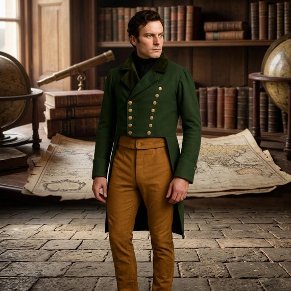 Regency Tailcoat Men — Dark Green Victorian Wool Coat — Bridgerton Gentleman Jacket — Custom 1800s Frock Coat