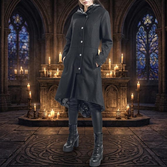 Gothic Trench Coat — Victorian Hooded Corset Long Jacket — High Low Alt Outerwear