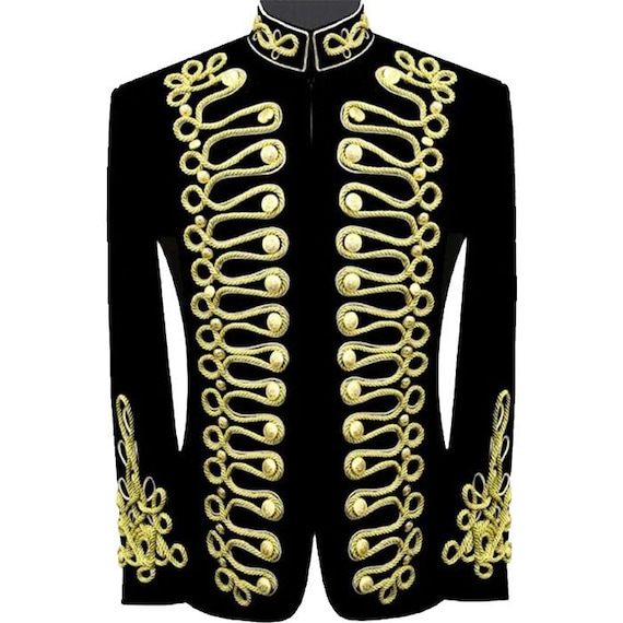 Men's Black Velvet Hussar Jacket – Gold Military Braiding, Steampunk Ringmaster Coat