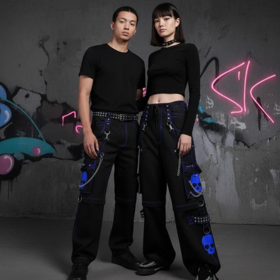 Goth Wide Leg Pants — Cyber Goth Cargo Trousers — Tripp Style Bondage Pants — Punk Rave Streetwear