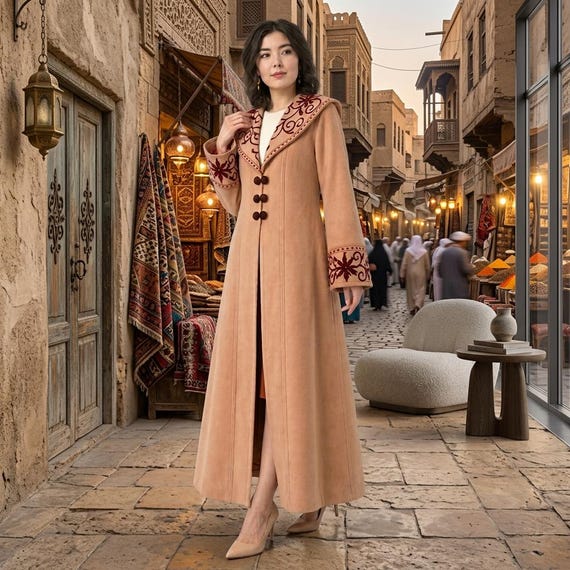Boho Long Wool Coat — Embroidered Camel Winter Jacket — Artisan Statement Overcoat — Women Fall Outerwear