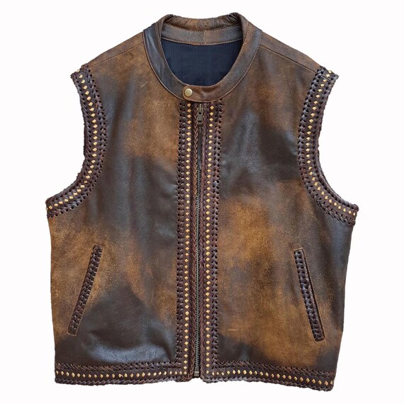 Distressed Brown Leather Biker Vest with Braided Trim | Men's Vintage Style Riding Jacket