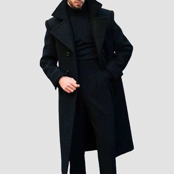 Men's Black Wool Victorian Double-Breasted Overcoat and Gothic Steampunk Military Style