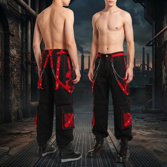 Y2K Mall Goth Cargo Pants — Red Black Bondage Trousers — Punk Techwear Chains