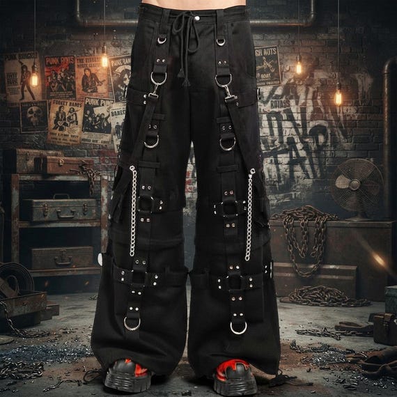 Goth Wide Leg Cargo Pants — Y2K Bondage Trousers — Cyberpunk Industrial Chains — Festival Alt Streetwear