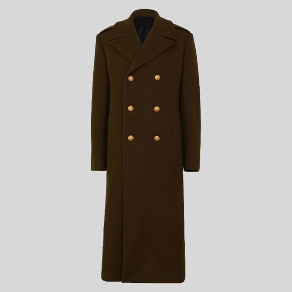 Men's Double Breasted Wool Blend Military Overcoat | Olive Brown Long Winter Coat