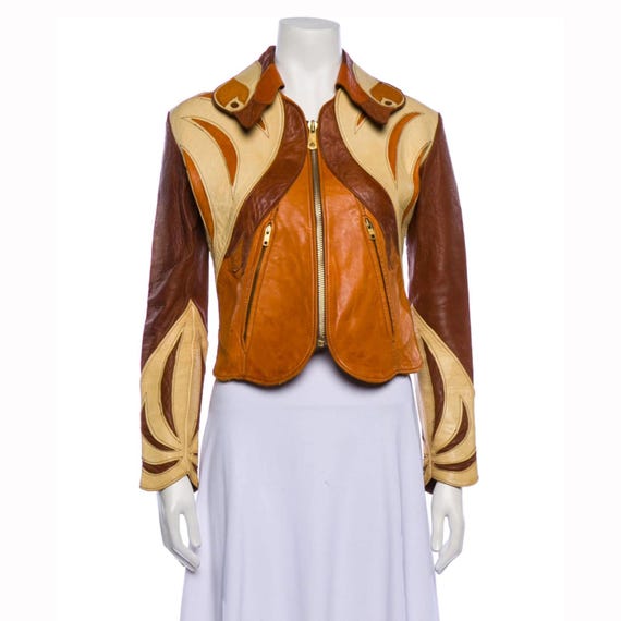 Vintage 70s Patchwork Leather Moto Jacket | Flame Applique Suede Sleeves