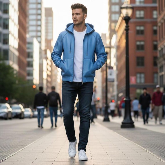 Men Blue Leather Hoodie — Light Blue Leather Jacket — Zip Up Hooded Coat Men's Blue Leather Hooded Jacket, Zip Up Moto Style,
