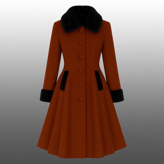 Vintage Burnt Orange Wool Princess Coat with Faux Fur Collar Cuffs