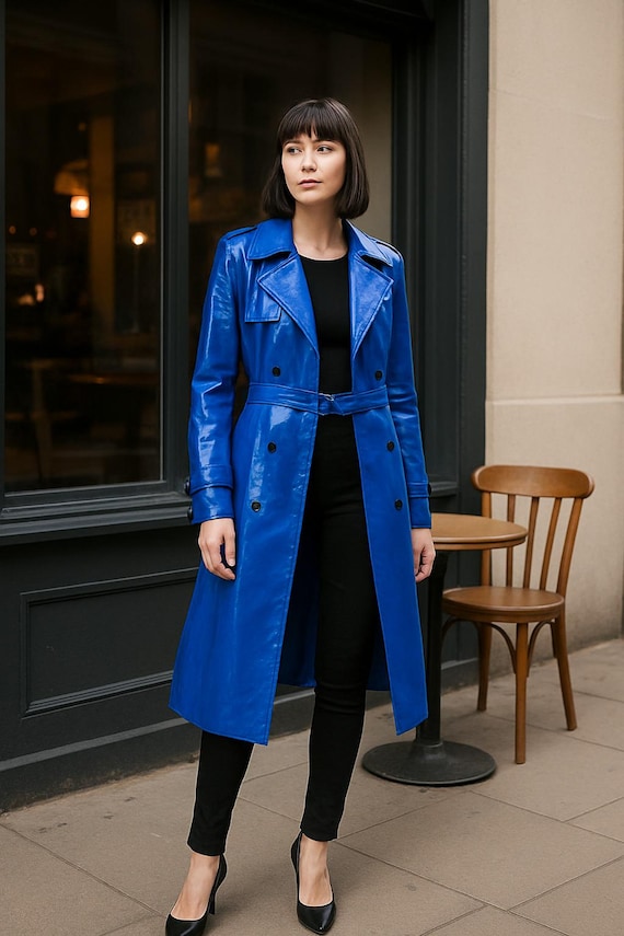 Blue Leather Trench Coat — Royal Blue Statement Outerwear — Long Vintage Style Jacket blue leather trench handmade leather coat