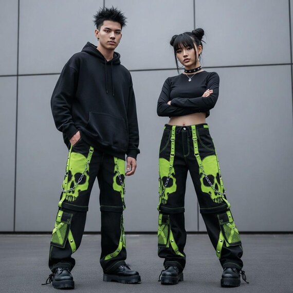 Neon Goth Cargo Pants — Cyberpunk Zip Off Shorts — Skull Graphic Bondage Trousers