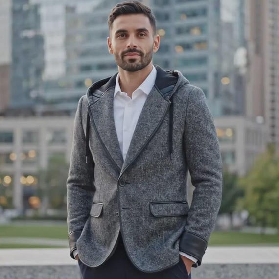 Men's Grey Tweed Hooded Blazer Jacket | Slim Fit Wool Blend Sport Coat