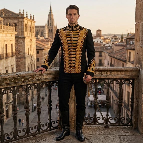 Mens Hussar Jacket — Black Cotton Military Jacket with Gold Braid — Victorian Marching Band Uniform