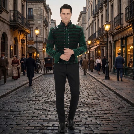 Mens Green Velvet Jacket — Hussar Military Steampunk Coat — Gothic Victorian Renaissance Faire Outfit
