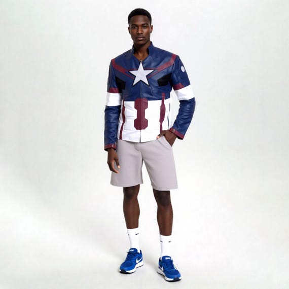Men's Captain America Faux Leather Biker Jacket – Superhero Cosplay Motorcycle Apparel