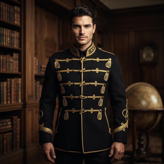 Hussar Jacket Men — Black Gold Military Tunic Coat — Victorian Gothic Groom — Custom Tailored