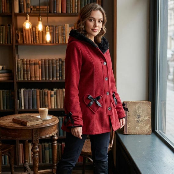 Gothic Corset Jacket — Burgundy Fleece Hooded Coat — Heart Pocket Ribbon Outerwear — Coquette Whimsigoth
