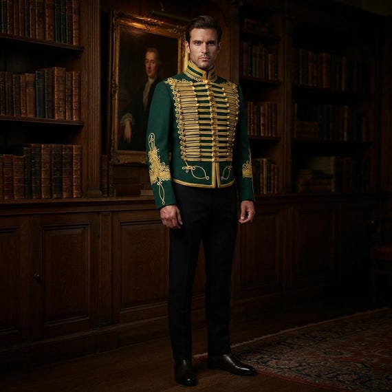 Green Hussar Jacket — Mens Regency Military Coat — Gold Braided Tailored Uniform