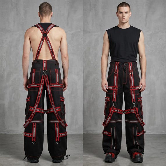 Goth Rave Cargo Pants — Reflective Cyberpunk Techwear — Red Strap Bondage Trousers — Y2K Mall Goth