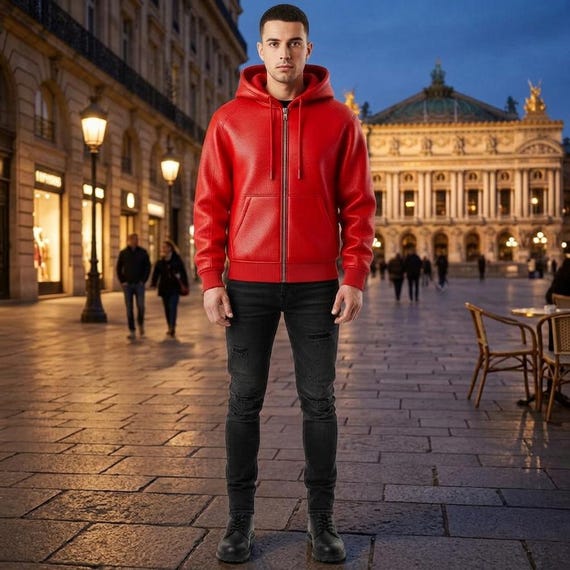 Red Leather Hoodie — Mens Pebbled Leather Jacket — Full Zip Hooded Coat