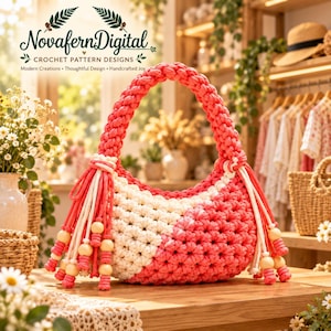 Crochet Bag Pattern PDF, Coral Hobo Bag Pattern, Beginner Crochet Purse Tutorial, T-Shirt Yarn Bag with Tassels, Digital Download