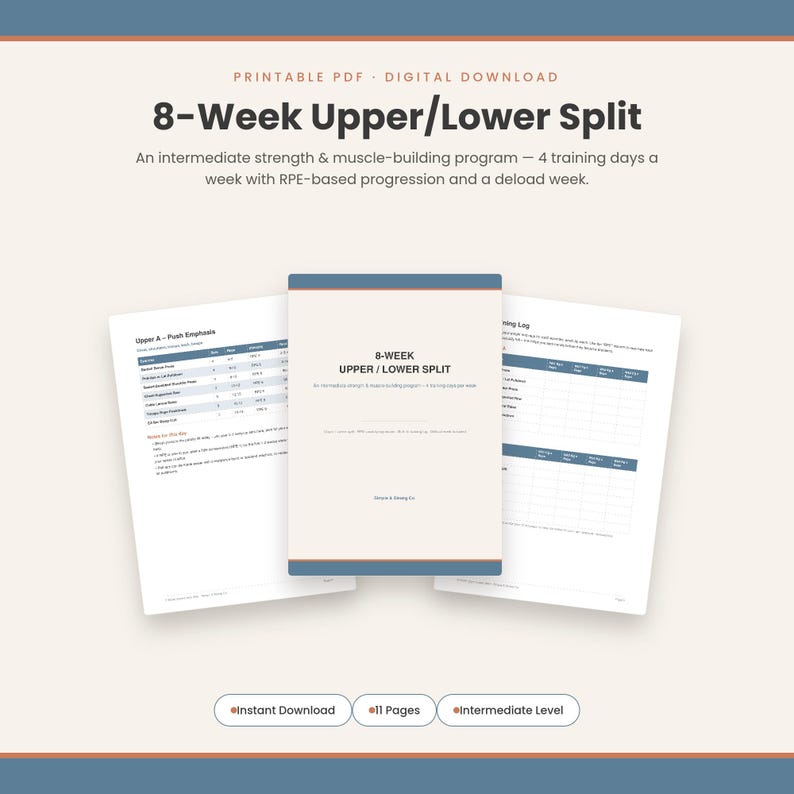 Puede incluir: Una descarga digital imprimible titulada 8-Week Upper/Lower Split, un programa intermedio de fuerza y musculaci&oacute;n. El documento incluye una portada, un registro de entrenamiento y un horario con progresi&oacute;n basada en RPE y semana de descarga.