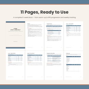 Puede incluir: Un programa de entrenamiento digital de 11 p&aacute;ginas titulado 8-Week Upper/Lower Split. El documento incluye una p&aacute;gina de bienvenida, resumen del programa, d&iacute;as de entrenamiento espec&iacute;ficos, tablas de progresi&oacute;n y registros de seguimiento.
