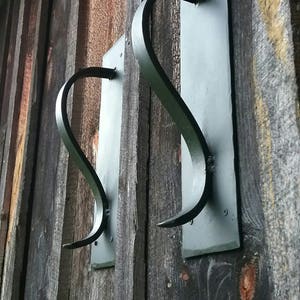 Set of 2 Large Gracefully Curved Hand Forged Blacksmith Made Door Pulls on Sturdy 4&quot; Backplate- Vintage/Antique Wrought Iron Look