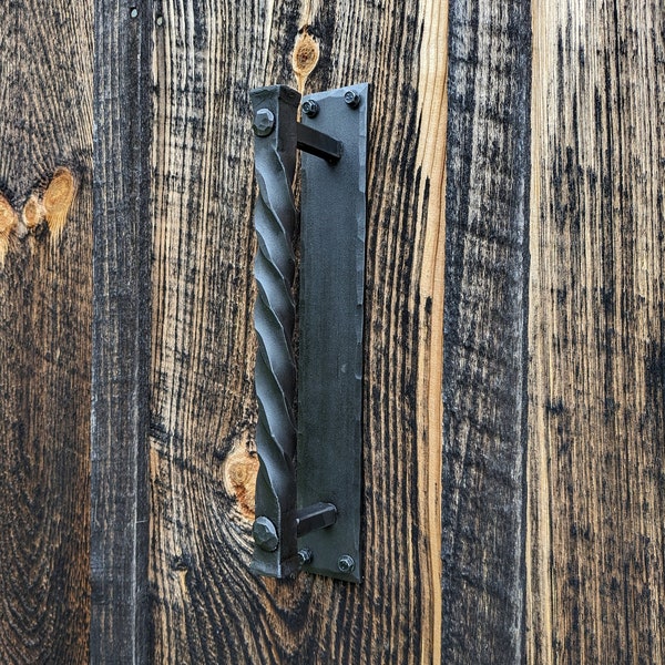 Single Large Twisted Hand Forged Blacksmith Made Door Pull on Sturdy Backplate- Vintage/Antique Wrought Iron Look