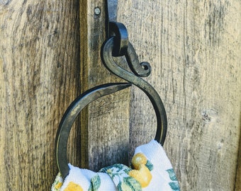 Circular Hand Forged Kitchen or Bathroom Hand Towel Holder.  Vintage/Antique Wrought Iron Look