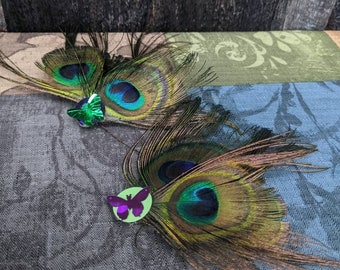 Peacock Feather Hair Clip with Shaped Sequin Accents-Moon, Stars, Leaves, Butterfly or Hearts.