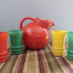 Vintage Midcentury Anchor Hocking Ball Pitcher and 4 Drinking Glasses