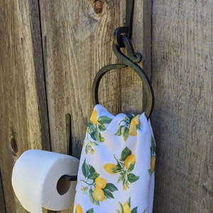 Circular Hand Forged Bathroom Hand Towel Holder with Matching Toilet Paper Holder.  Vintage/Antique Wrought Iron Look