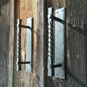 Set of 2 Large Twisted Hand Forged Blacksmith Made Door Pulls on Sturdy Backplate- Vintage/Antique Wrought Iron Look